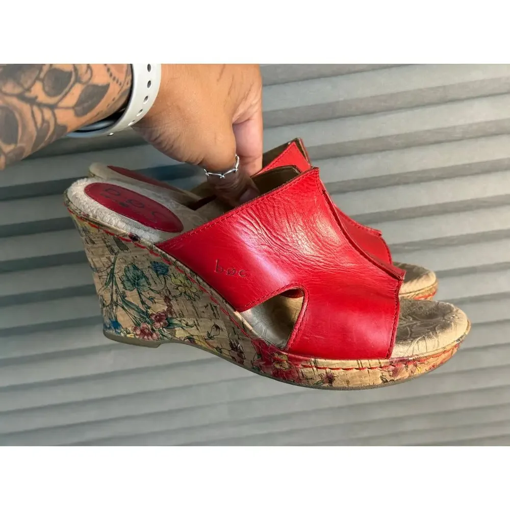 b.o.c. Born Concept Red Leather Floral Cork Wedge Sandals Women’s 7M Comfort